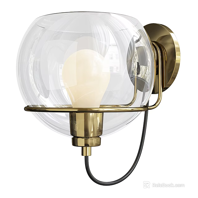 Modern Wall Sconce with Transparent Spherical Glass Shade Brass Base and Light Bulb 3d model 
