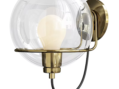 Modern Wall Sconce with Transparent Spherical Glass Shade Brass Base and Light Bulb 3d model