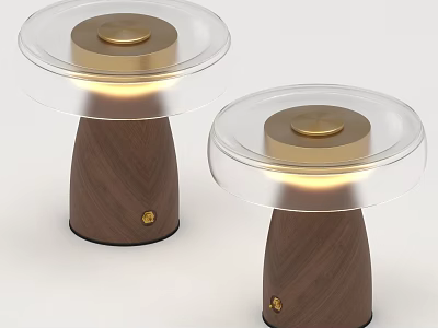 Two Modern Table Lamps With Wooden Base Transparent Shade Golden Button And Warm Light 3d model