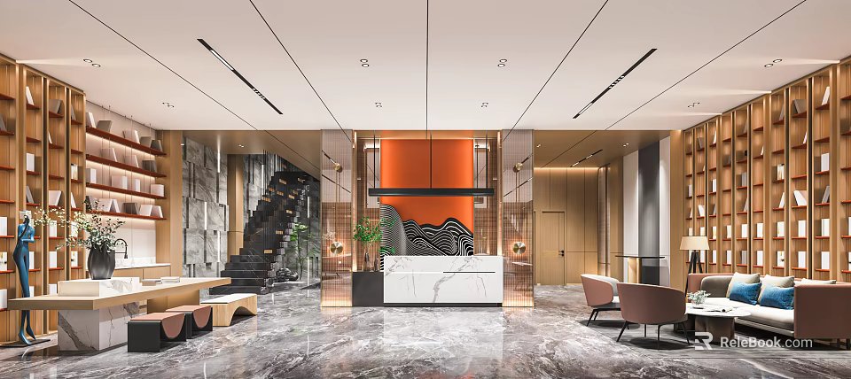 Modern Hotel Lobby Interior With Marble Reception Desk Decorative Wall Staircase Plants And Seating 3d model 