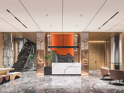 Modern Hotel Lobby Interior With Marble Reception Desk Decorative Wall Staircase Plants And Seating 3d model