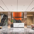 Modern Hotel Lobby Interior With Marble Reception Desk Decorative Wall Staircase Plants And Seating