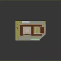 3D Architectural Building Model With Red Roof Blue Walls And Courtyard Green Plants