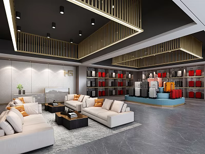 Modern Furniture Specialty Store Interior Featuring Sofas Coffee Tables And Red Display Shelves 3d model