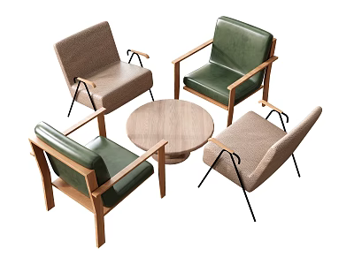 Round Wooden Table With Four Upholstered Chairs In Green And Beige 3d model