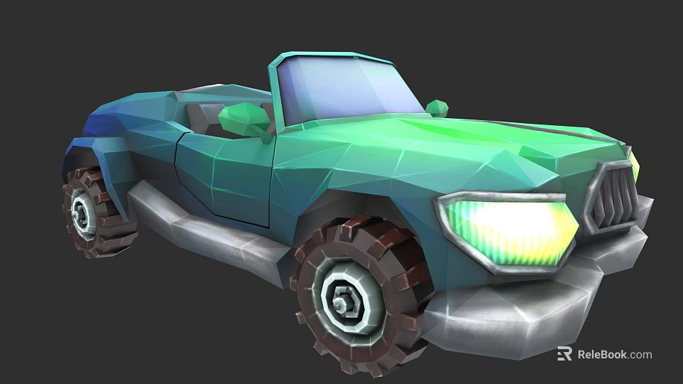 Low Poly Style Teal Off Road Convertible Car With Neon Green Headlights And Large Tires 3d model 