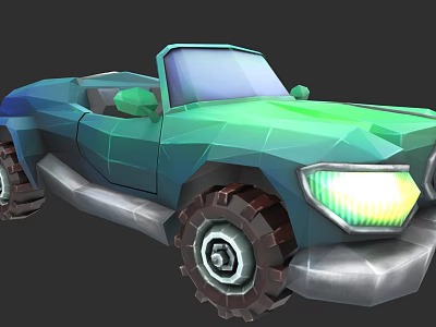Low Poly Style Teal Off Road Convertible Car With Neon Green Headlights And Large Tires 3d model