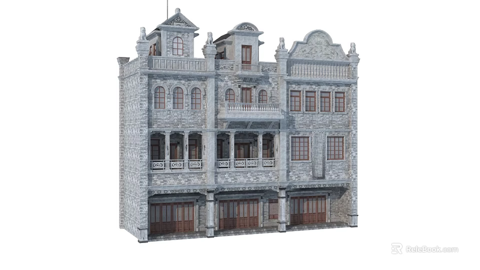 Historic Stone Commercial Complex with Multi Story Structure Balconies And Classic Windows 3d model