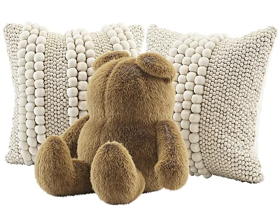 Soft Cream Beaded Decorative Pillows With Plush Brown Teddy Bear 3d model