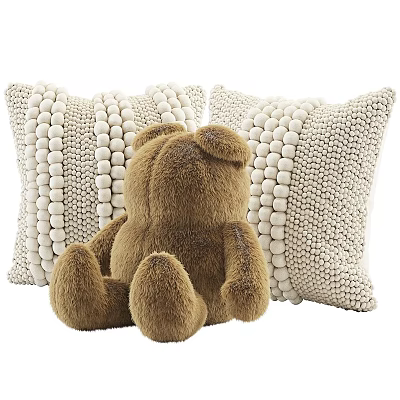 Soft Cream Beaded Decorative Pillows With Plush Brown Teddy Bear 3d model