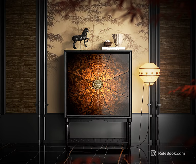 Traditional Console Cabinet With Decorative Door Ornaments And Floor Lamp In Interior 3d model 