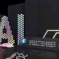 AI Conference Venue With Modern Stage Seating And Digital Background Design