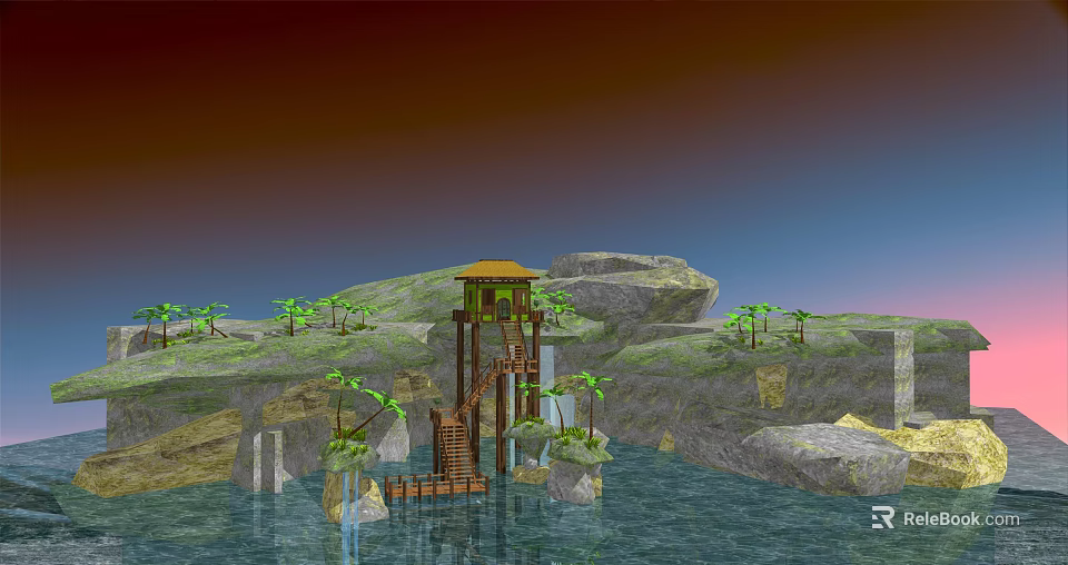 Waterfront Boutique Villa With Wooden Structure And Palm Trees By Rocky Landscape 3d model 