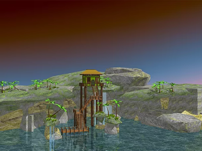 Waterfront Boutique Villa With Wooden Structure And Palm Trees By Rocky Landscape 3d model