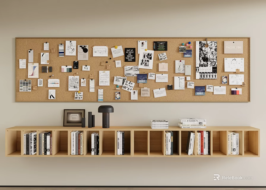 Cork Board Wall Decor with Various Notes Photos and Wooden Shelf with Books 3d model 