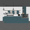 Modern Bar Counter With Teal Cabinets White Tiled Backsplash Coffee Machine And Pastry