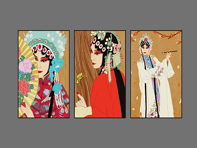 Traditional Peking Opera Character Portrait Paintings With Ornate Costumes Headdresses And Fans 3d model