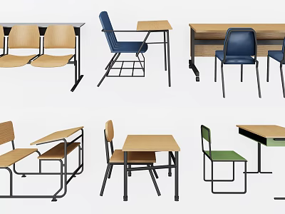 Different Style Student Study Desks With Wooden Tops And Colorful Chairs 3d model