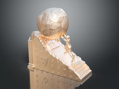 Golden Artistic Sculpture with Intricate Carved Sphere on Detailed Steps 3d model