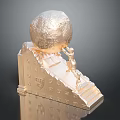 Golden Artistic Sculpture with Intricate Carved Sphere on Detailed Steps