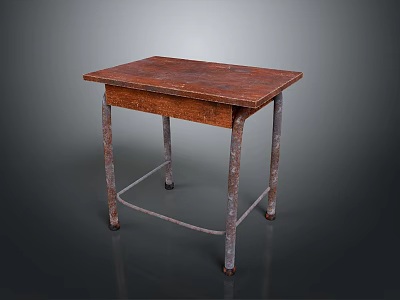 Vintage Old Wooden Table With Worn Surface And Metal Legs Design 3d model