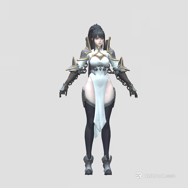 Game And Movie Character With Black Long Hair White Gold Armored Outfit And Gold Shoulder Decorations 3d model 