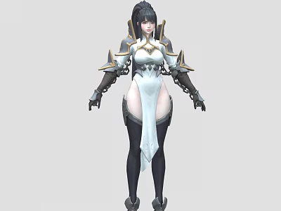 Game And Movie Character With Black Long Hair White Gold Armored Outfit And Gold Shoulder Decorations 3d model