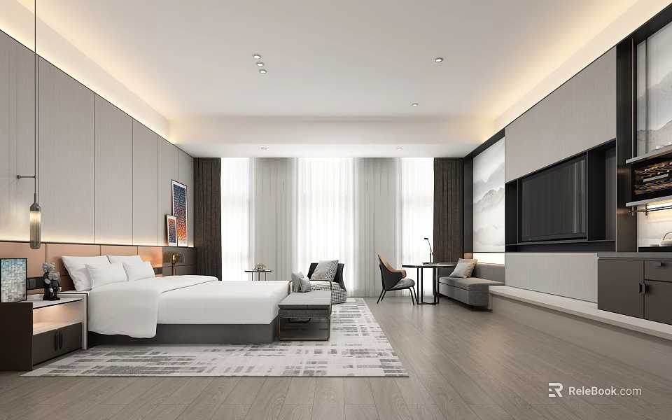 Modern Hotel Room Interior With King Bed Sofa TV Large Windows And Wooden Flooring 3d model 