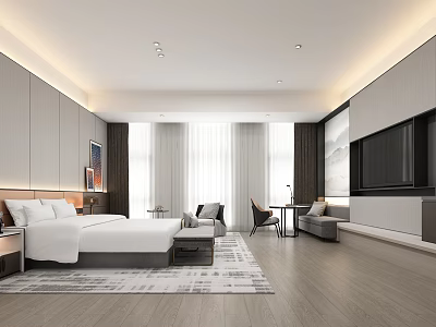 Modern Hotel Room Interior With King Bed Sofa TV Large Windows And Wooden Flooring 3d model