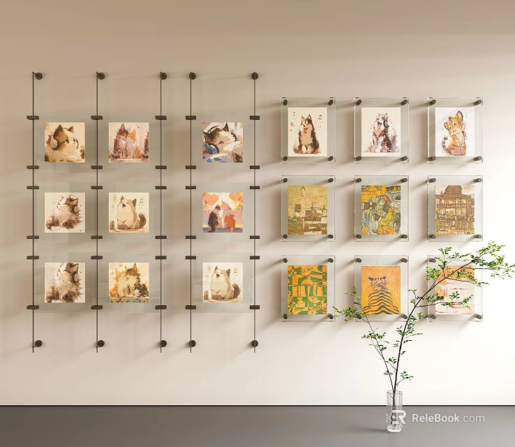 Animal Paintings Wall Display In Modern Interior With Plant 3d model