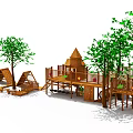 Wooden Playground Structures For Kindergarten With Trees And Slides 3d model