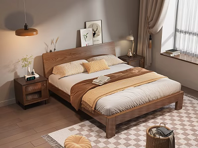 Wooden Frame Double Bed with Pillows Quilt Bedside Tables and Wall Art 3d model