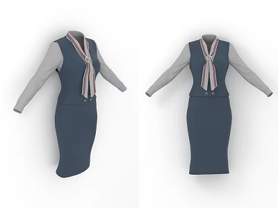 Navy Blue Uniform Dress With Gray Long Sleeves And Striped Necktie 3d model