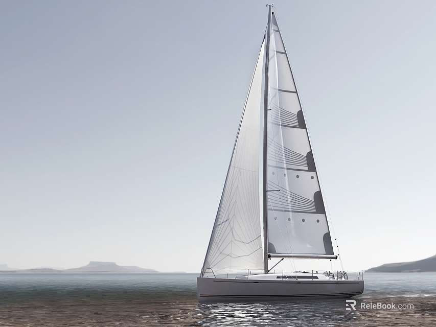 White Sailboat With Full Sails Sailing On Calm Sea Against Mountainous Coastal Background 3d model 