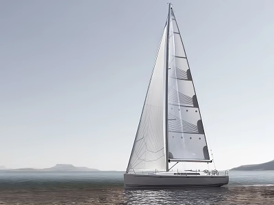 White Sailboat With Full Sails Sailing On Calm Sea Against Mountainous Coastal Background 3d model