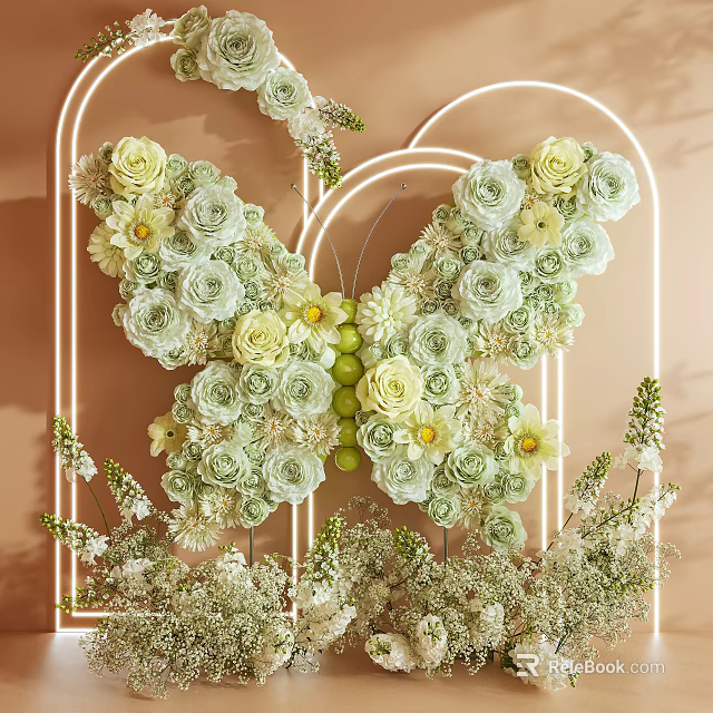 Butterfly Shaped Floral Photo Spot With Neon Frame And Green White Flowers 3d model 