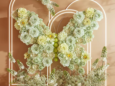 Butterfly Shaped Floral Photo Spot With Neon Frame And Green White Flowers 3d model