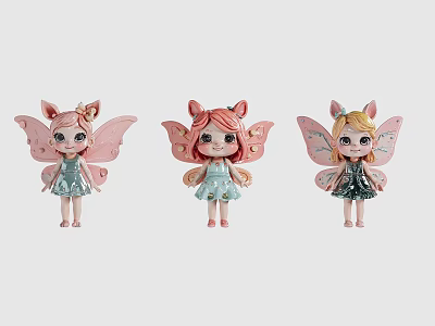 Three Cute Fairy Dolls With Pink Wings Sparkly Dresses And Different Hair Colors 3d model