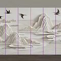 Modern Chinese Style Background Wall Design with 3D Carved Mountains Rivers and Flying Birds