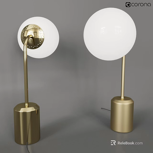 Pair of Modern Gold Metal Table Lamps With White Round Shades And Cylindrical Bases 3d model 