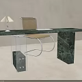 Modern Minimalist Green Marble Desk With Woven Chair And Table Lamp