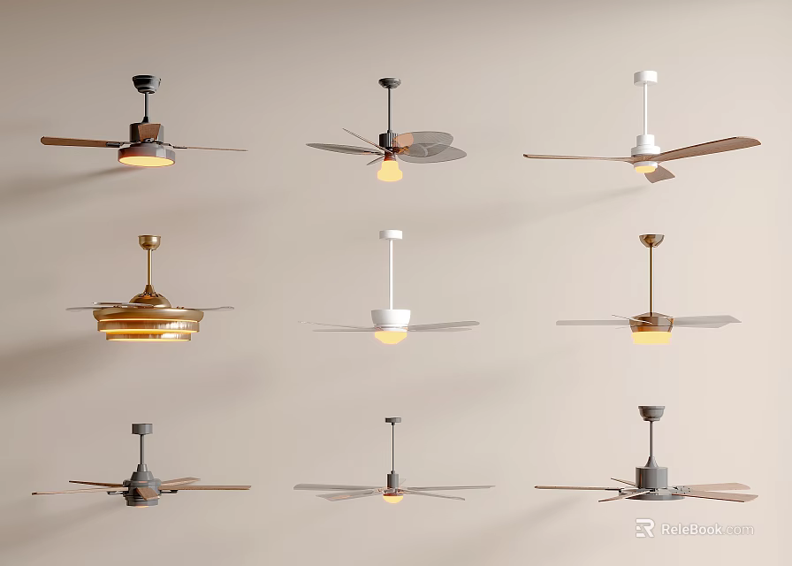 Various Styles of Ceiling Fans With Lights in Different Colors and Modern Designs 3d model 