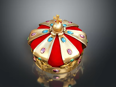 Royal Red Velvet Crown with Gold Trim Colorful Gemstones and Cross Top 3d model