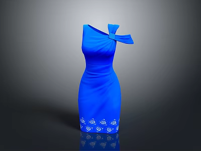 Blue One Shoulder Dress With Bow Accent And White Floral Hem Design 3d model