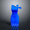 Blue One Shoulder Dress With Bow Accent And White Floral Hem Design