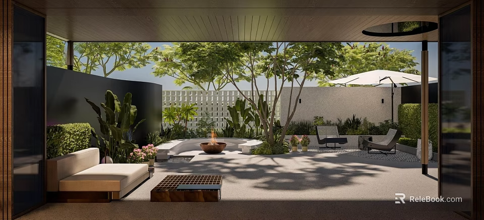 Courtyard Garden Design With Fire Pit Outdoor Sofas Lush Green Plants And Wooden Coffee Table 3d model 