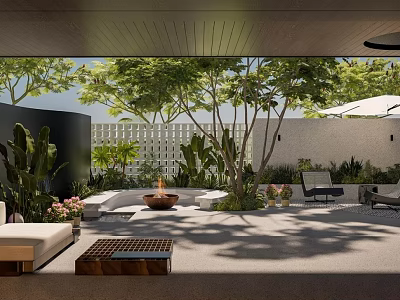 Courtyard Garden Design With Fire Pit Outdoor Sofas Lush Green Plants And Wooden Coffee Table 3d model