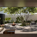 Courtyard Garden Design With Fire Pit Outdoor Sofas Lush Green Plants And Wooden Coffee Table