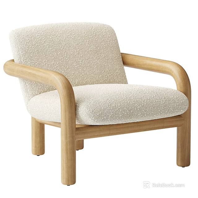 Soft Beige Textured Fabric Accent Chair With Wooden Frame And Curved Armrests 3d model 