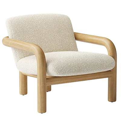 Soft Beige Textured Fabric Accent Chair With Wooden Frame And Curved Armrests 3d model